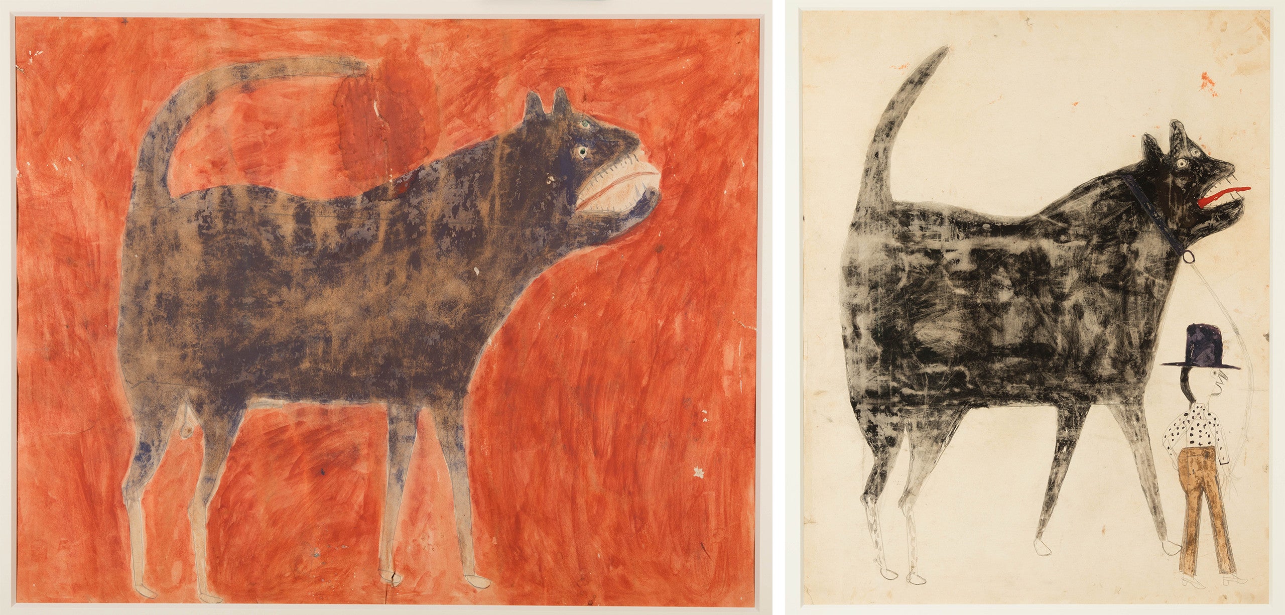 (Left) <em>Mean Dog (Verso: Man Leading Mule)</em>, by Bill Traylor, ca. 1939&ndash;1942, poster paint and pencil on cardboard. Collection of Jerry and Susan Lauren. Photo: Matt Flynn &copy; Smithsonian Institution. (Right) <em>Man and Large Dog (Verso: Man and Woman)</em>, by Bill Traylor, ca. 1939&ndash;1942, poster paint and pencil on cardboard. Collection of Jerry and Susan Lauren. Photo: Matt Flynn &copy; Smithsonian Institution 