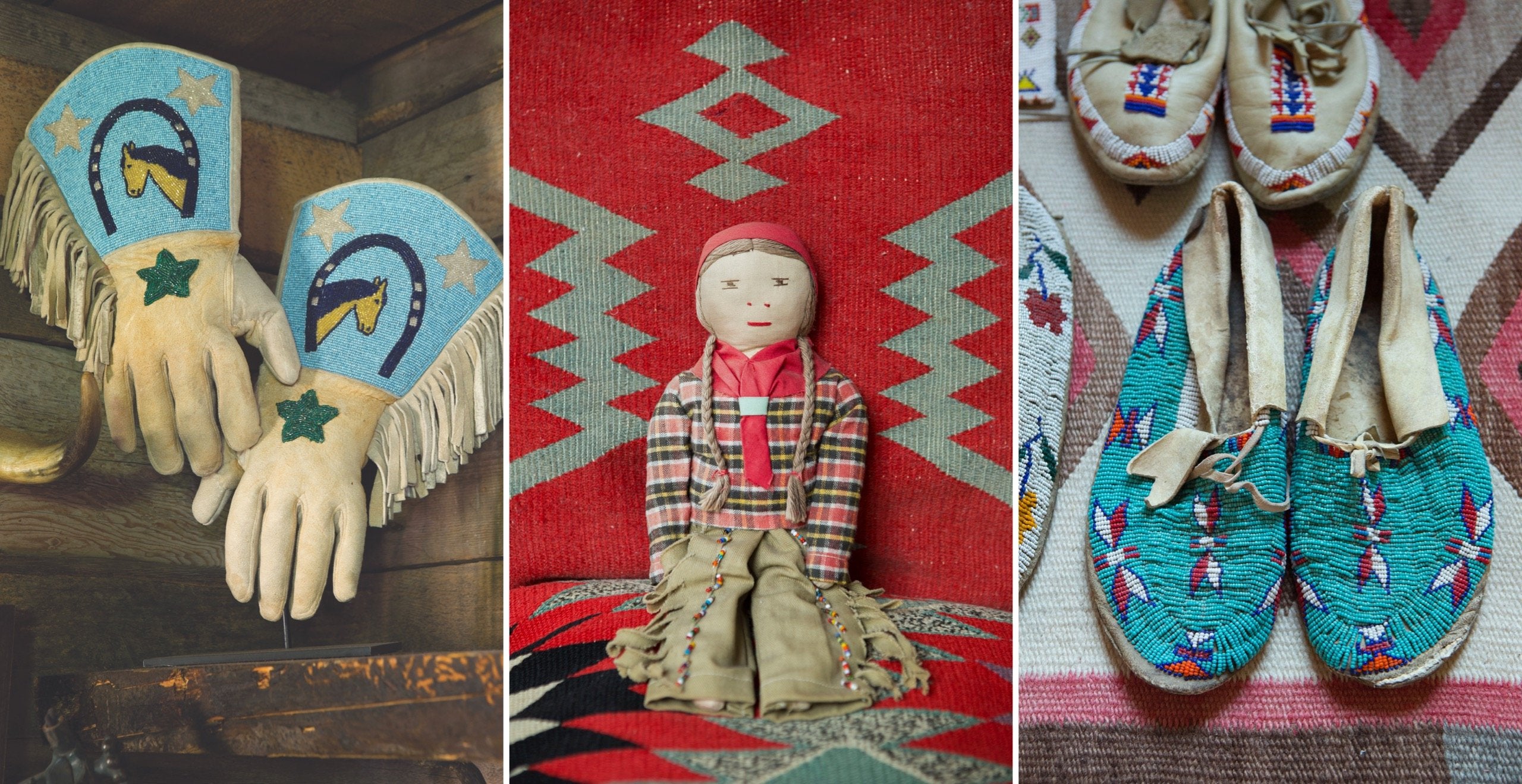 Left to right: Buffy lassoed this vintage pair of beaded cowgirl gloves, fit for a rodeo queen, at the Native American Market held each August in Santa Fe; A little rag doll dressed Buffy-style in a plaid shirt and fringed leather pants; A well-worn pair of Buffy&rsquo;s beaded moccasins made after the originals by Native American tribes and found in a shop in Santa Fe 